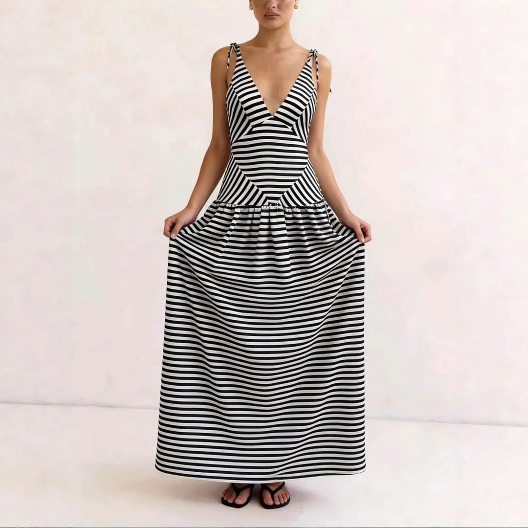 Damen Maxikleid mit tiefem V-Ausschnitt und modernem Streifenmuster EB