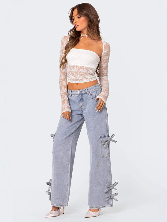 Damen Trendige Spitzenbluse mit langen Ärmeln und dekorativen Details EB