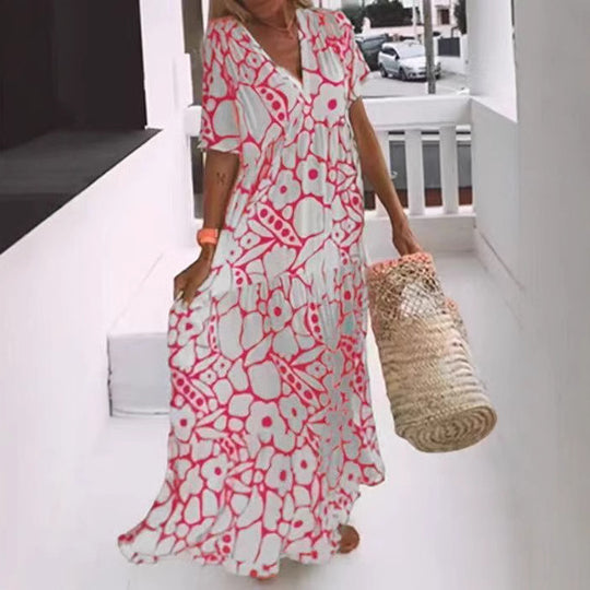 Damen Fließendes Maxikleid mit V-Ausschnitt und floralem Design EB