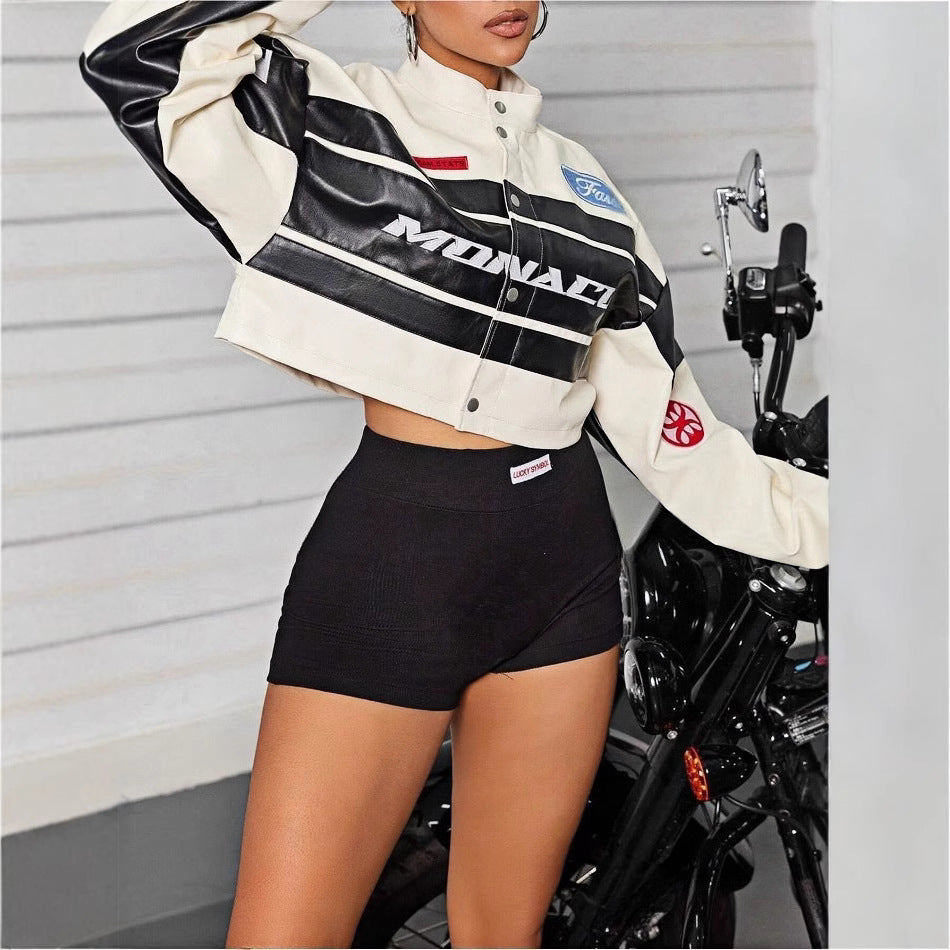 Damen cropped Bikerjacke mit sportiven Branding-Elementen EB