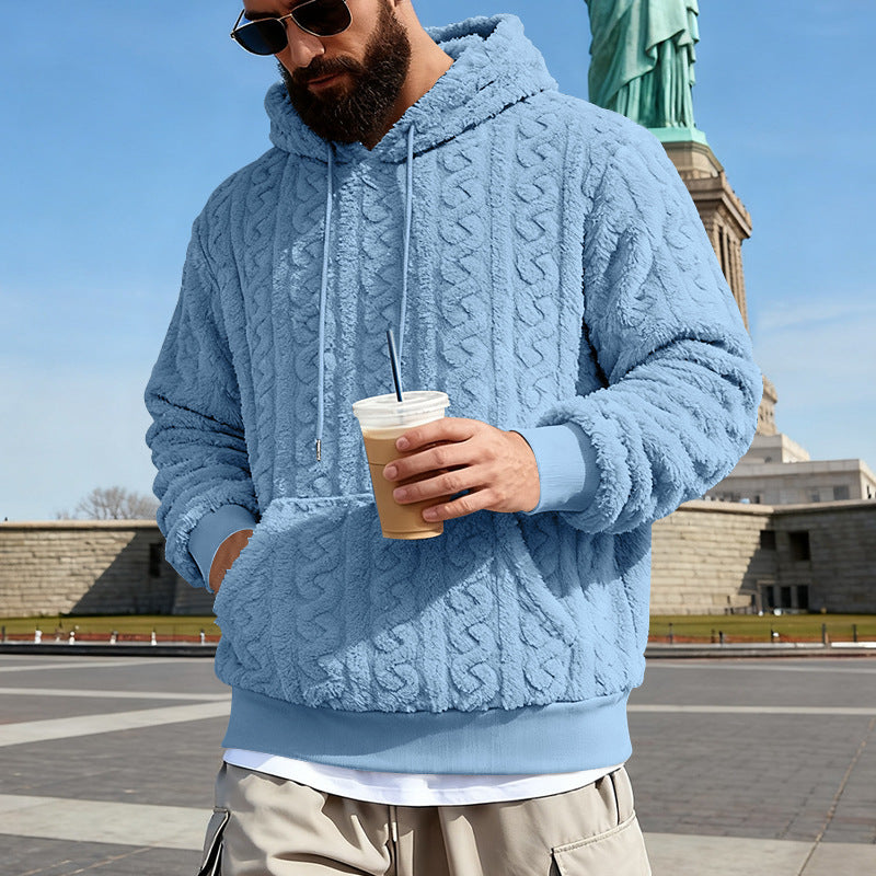 Herren nan Kuscheliger Sherpa-Hoodie mit Zopfmuster, Kängurutasche und Rippbündchen EB