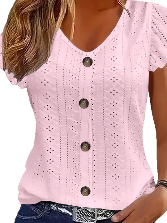 Damen luftige Bluse mit filigranem Lochmuster und Knopfdetails EB