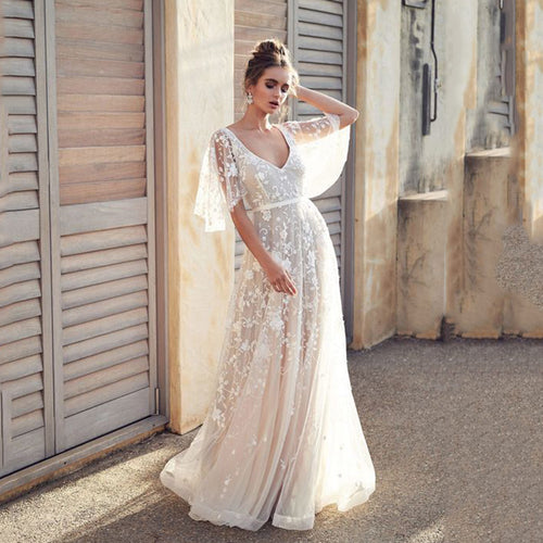 Damen Elegantes Maxikleid mit floralem Spitzenmuster und sanften Ärmeln EB