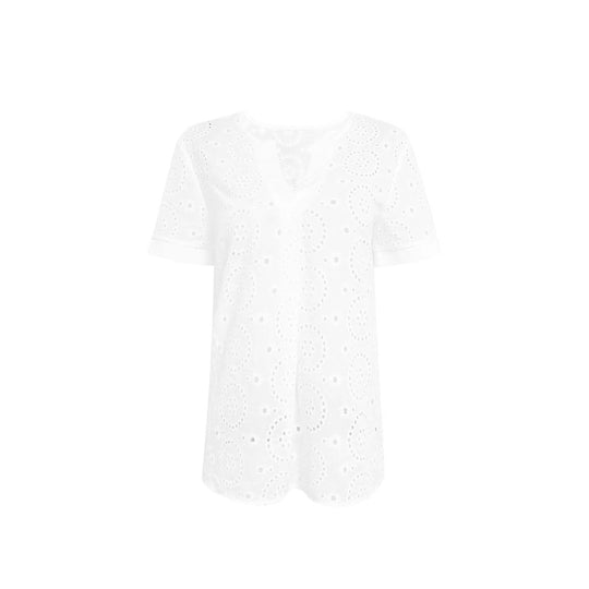 Damen Bluse mit floralen Lochstickereien und V-Ausschnitt EB