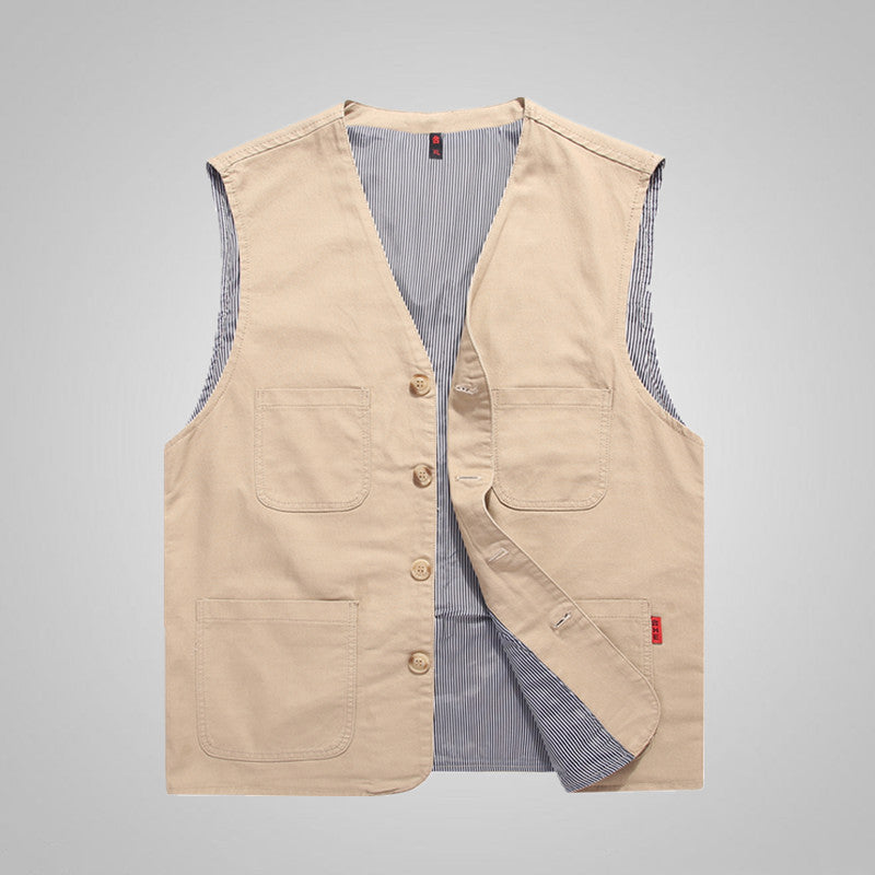 Herren Canvas-Utility-Weste mit Mehrfachtaschen und Knopfleiste EB