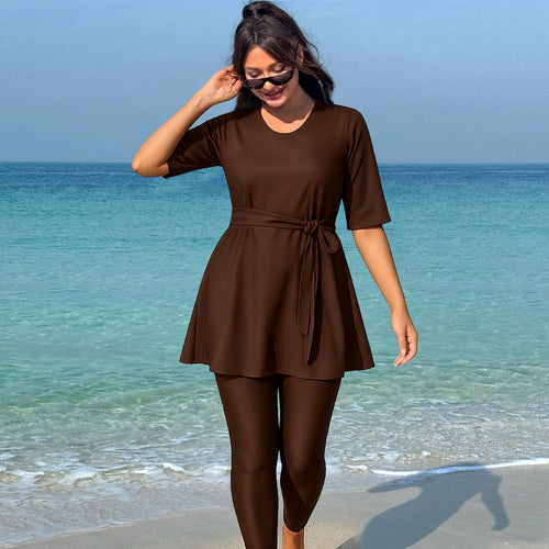 Damen modischer Schwimmanzug mit Wickeloptik und langen Ärmeln EB