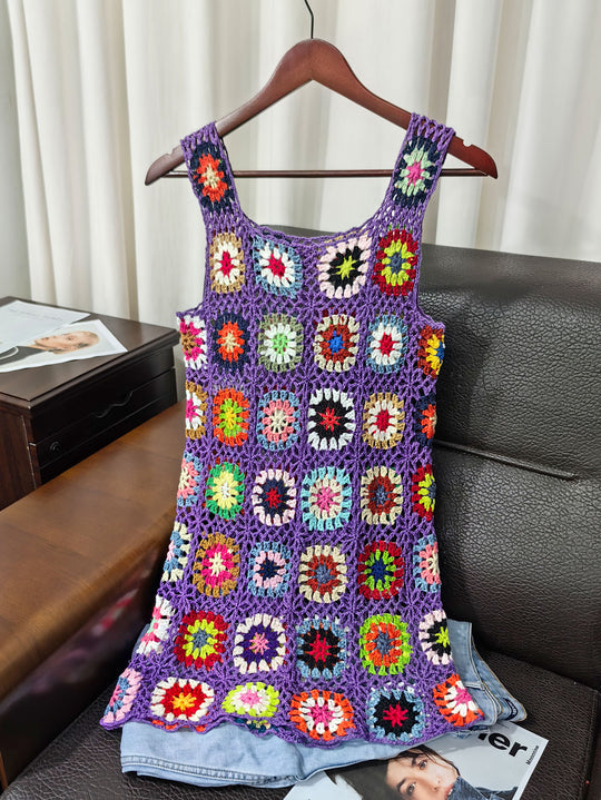 Damen luftiges Häkelkleid mit buntem Granny-Quadrat-Muster EB