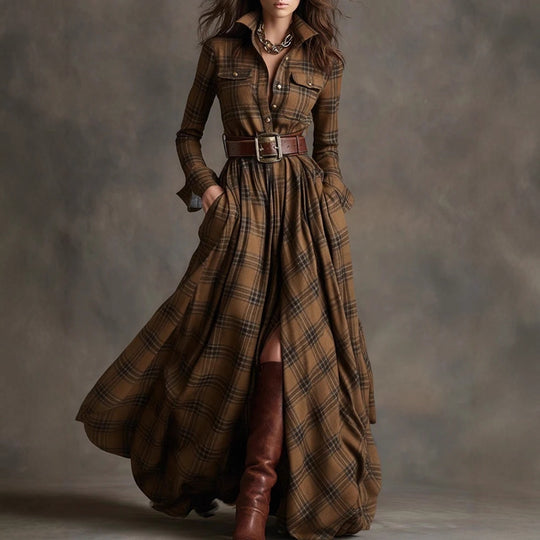 Damen nan karierte Maxikleid Hemdblusenkleid mit ausgestelltem Rock und breitem Taillengürtel EB