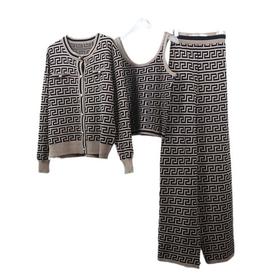 Damen modisches Strick-Loungewear-Set mit geometrischem Muster und schmalem Schnitt EB