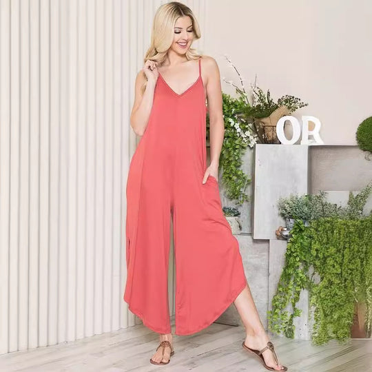 Damen luftiger Jumpsuit mit Taschen und langem Schnitt EB