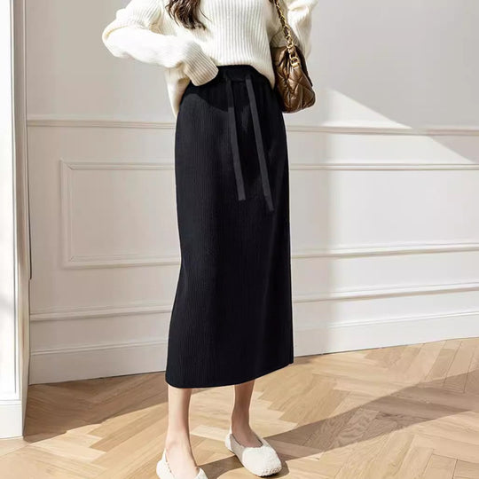 Damen Midi-Rock mit Taillenschnürung und geripptem Design EB