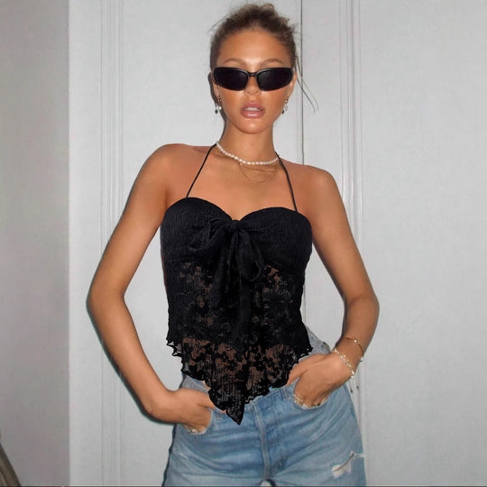 Damen Spitzen-Bustier mit Bindeband und transparentem Design EB