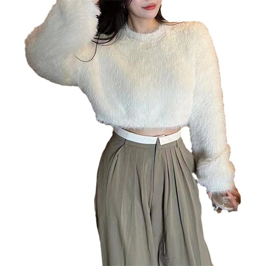 Damen modischer cropped Pullover mit weichem Flausch-Material EB