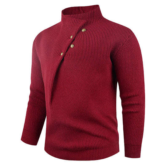 Herren Strickpullover mit asymmetrischem Kragen und dekorativen Holzknöpfen EB