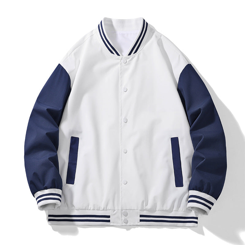 Unisex College-Bomberjacke im Varsity-Stil mit kontrastärmeln, gestreiften Rippbündchen und Druckknopfverschluss EB