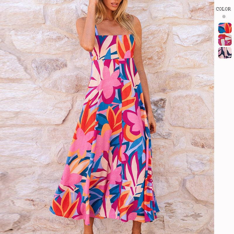 Damen Maxikleid mit lebhaftem floralem Design und schwingendem Rock EB