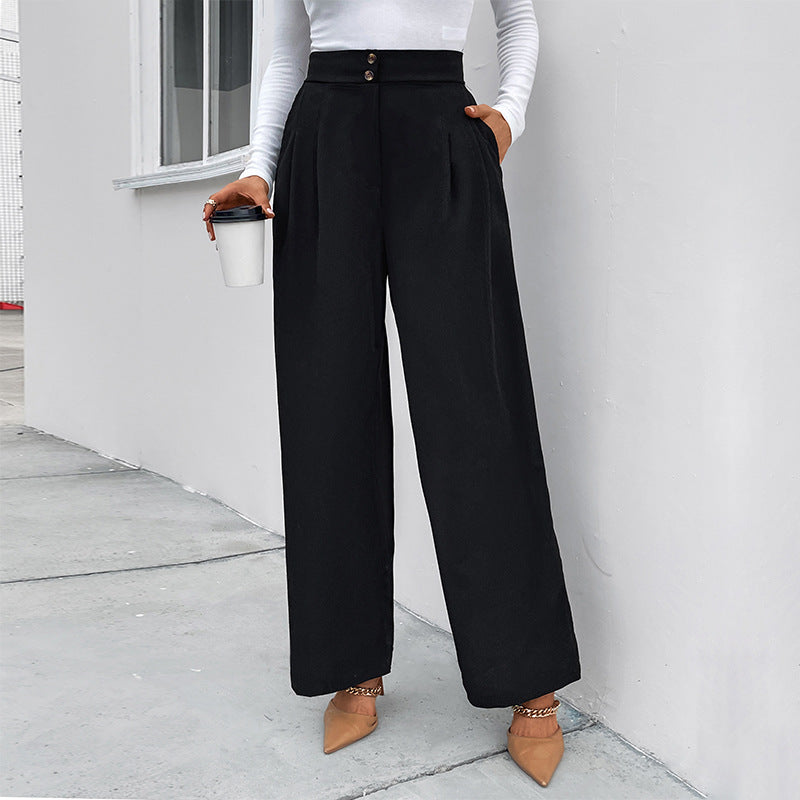 Damen elegante Hochtaillen-Breite Hose mit strukturiertem Stoff und dekorativen Knopfdetails EB
