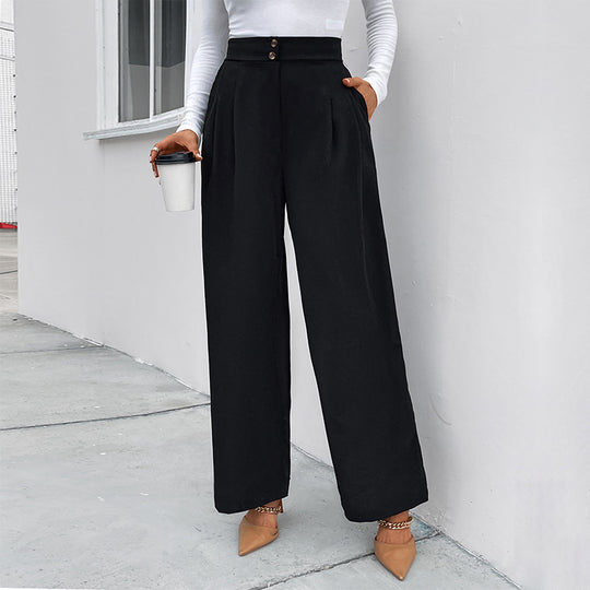 Damen elegante Hochtaillen-Breite Hose mit strukturiertem Stoff und dekorativen Knopfdetails EB