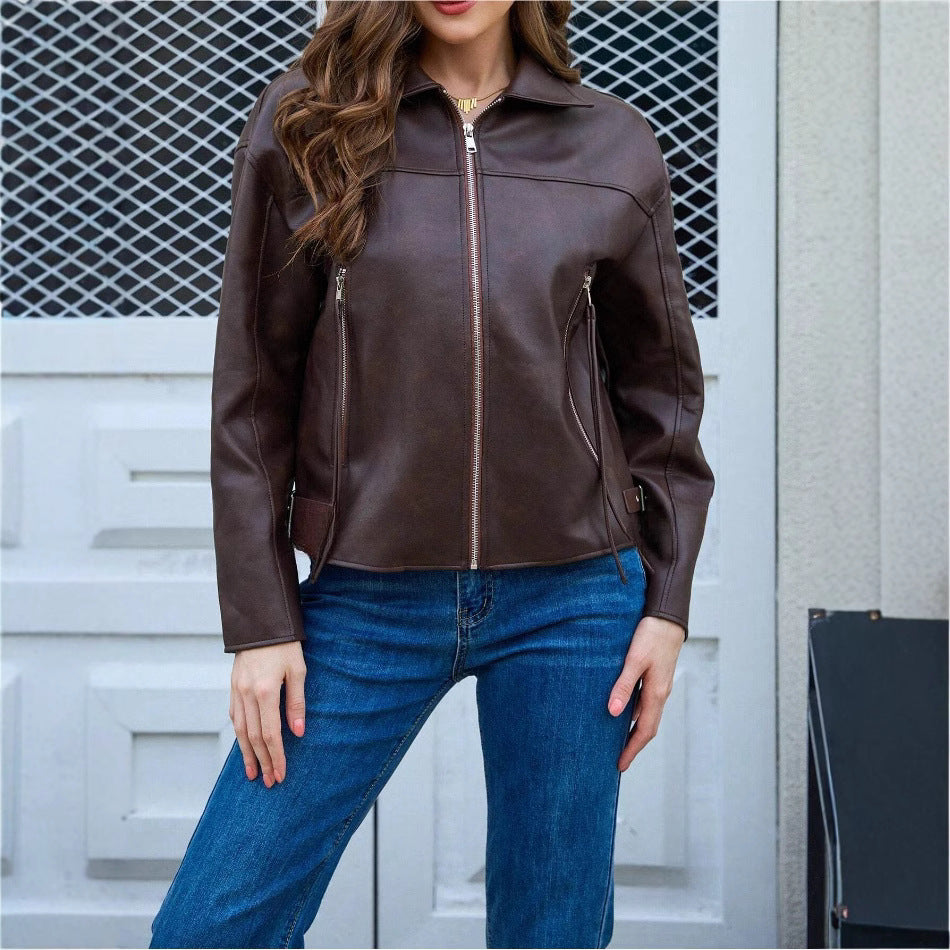 Damen modische Kunstlederjacke im lässigen Schnitt EB