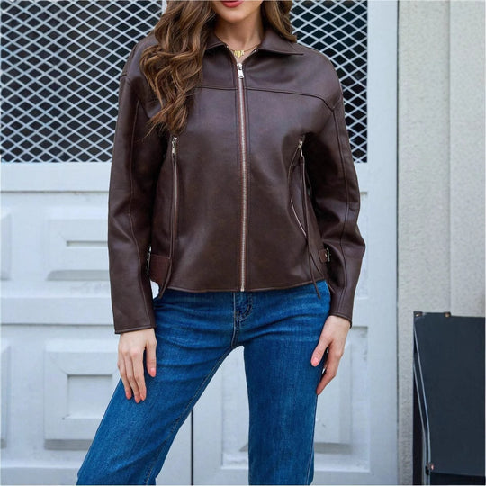 Damen modische Kunstlederjacke im lässigen Schnitt EB