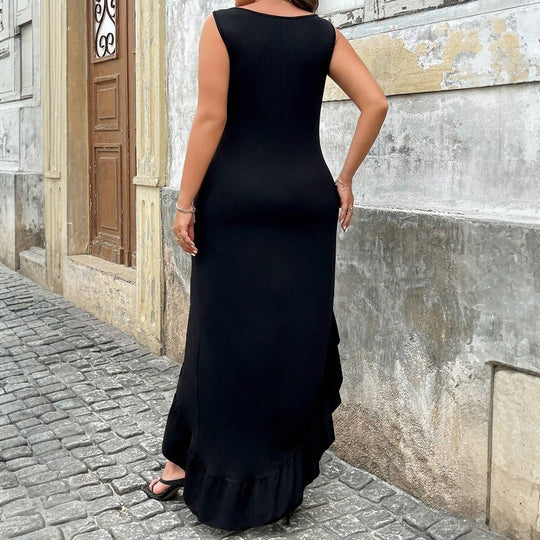Damen elegantes Maxikleid mit asymmetrischem Saum und Rüschendetails EB