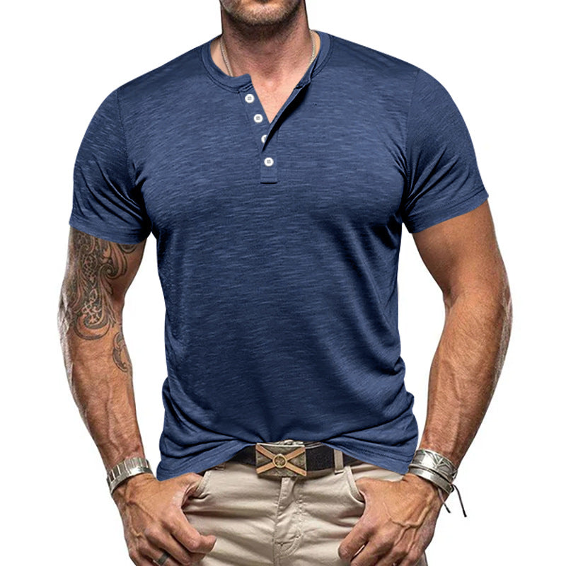 Herren Kurzarm-Henley-T-Shirt aus atmungsaktivem Baumwollmix mit modernem Schnitt EB