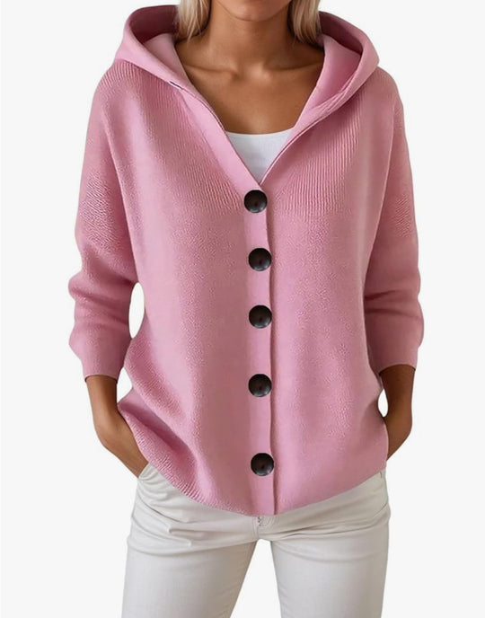 Damen Kapuzen-Strickjacke mit großen Holzknöpfen und seitlichen Eingrifftaschen EB