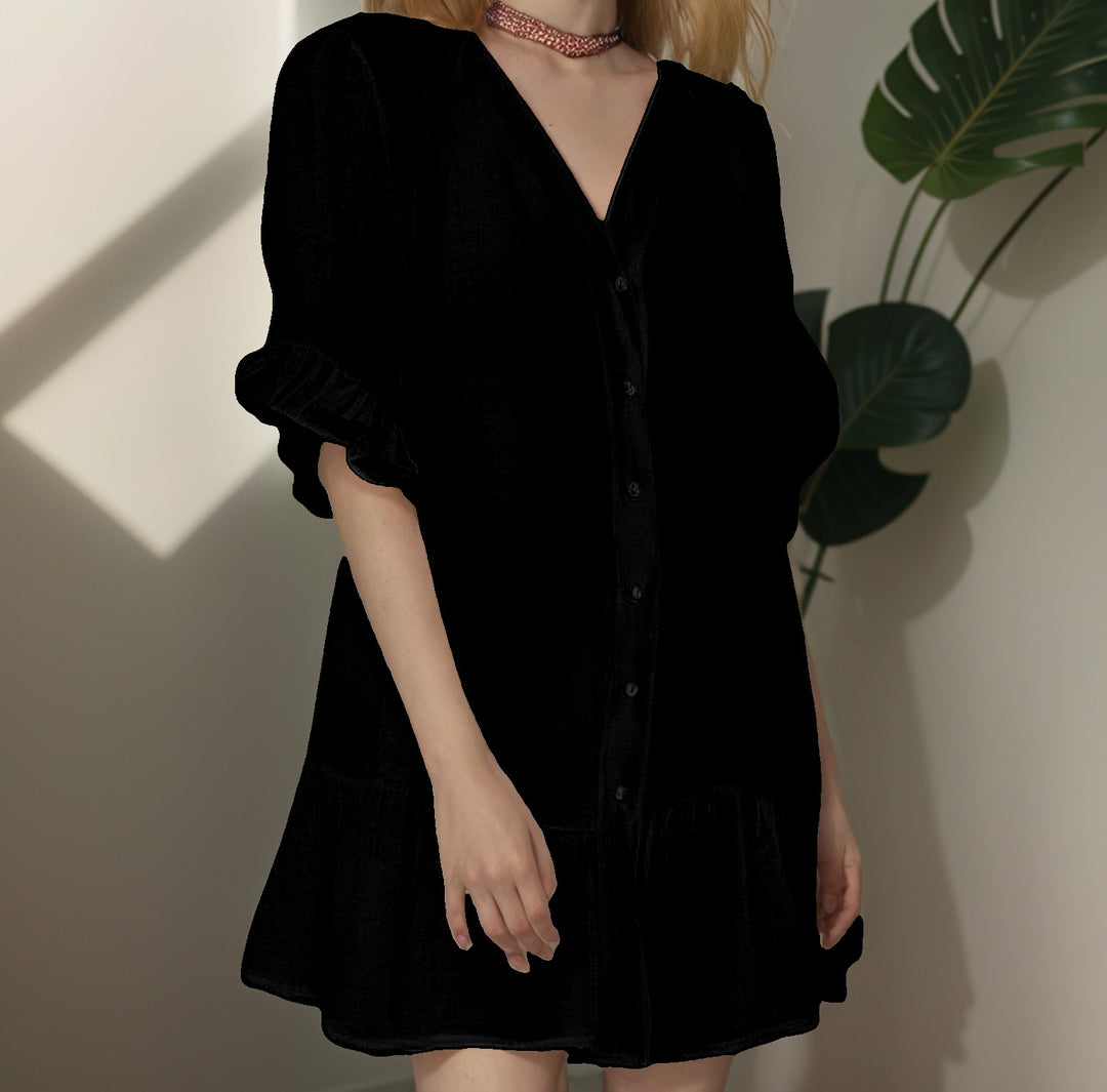 Damen Shirtkleid mit Puffärmeln und Volantabschluss EB