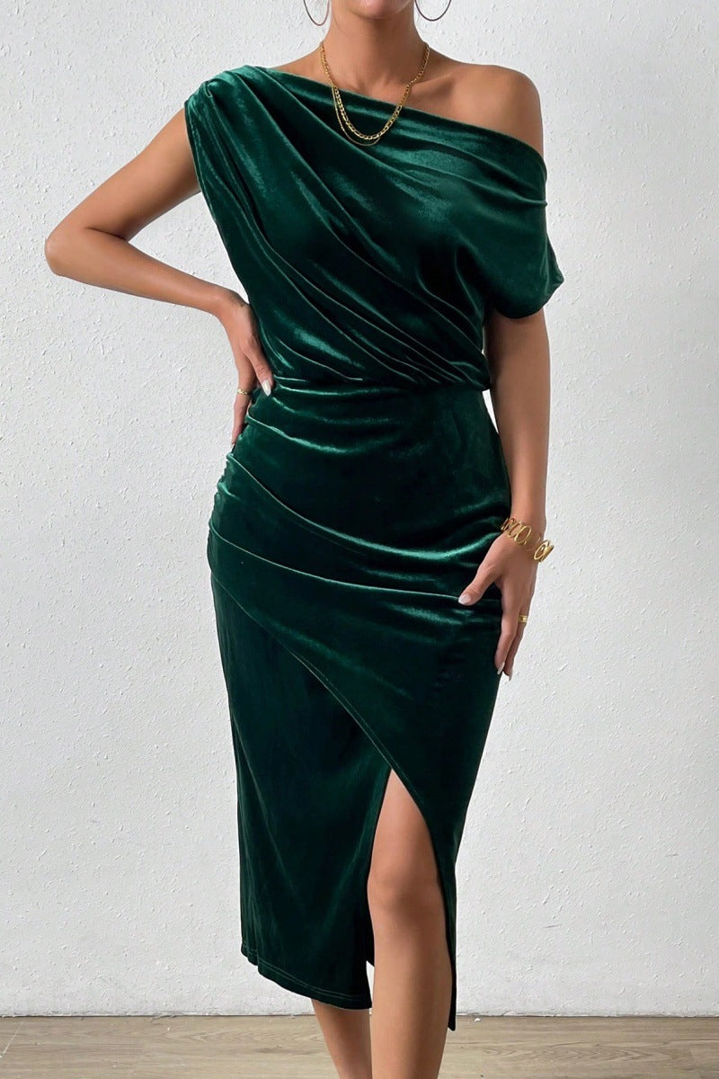 Damen Elegantes Schulterfreies Midikleid im Fließenden Design EB