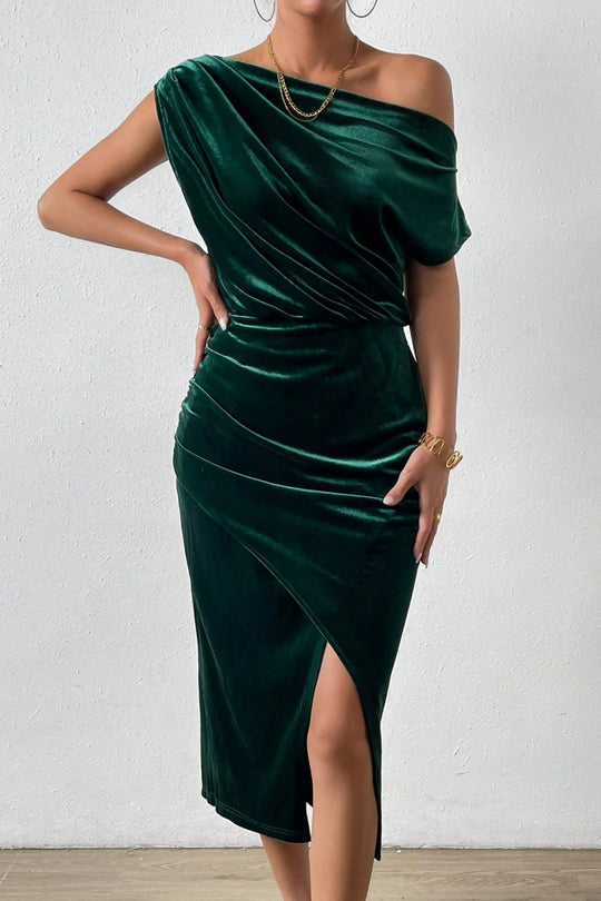 Damen Elegantes Schulterfreies Midikleid im Fließenden Design EB