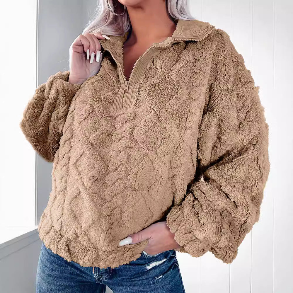 Damen Oversized Fleece-Pullover mit Stehkragen und Kunstpelz-Wabenstruktur EB