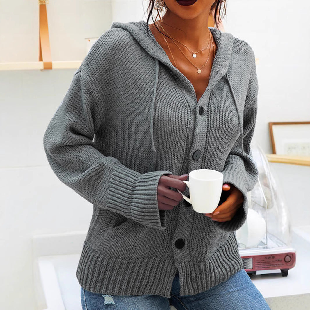 Damen Strickjacke mit Kapuze und knöpfen im lässigen Stil EB