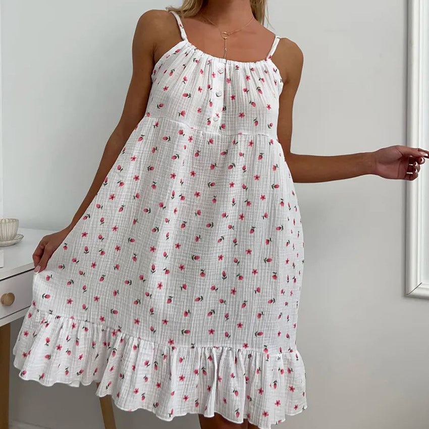 Damen luftiges Sommerkleid mit Rüschensaum und floralem Muster EB