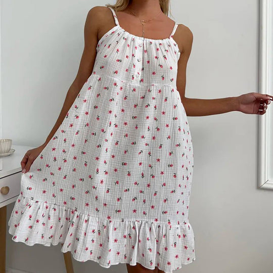 Damen luftiges Sommerkleid mit Rüschensaum und floralem Muster EB