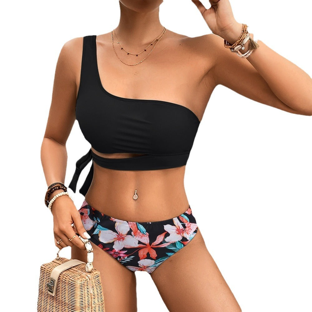 Damen Einseitiger Bikini mit floralem Design und seitlichem Knoten EB
