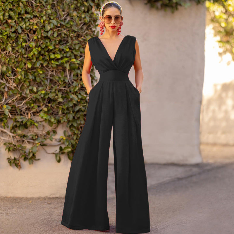 Damen Jumpsuit mit tiefem V-Ausschnitt und weit geschnittenem Bein EB