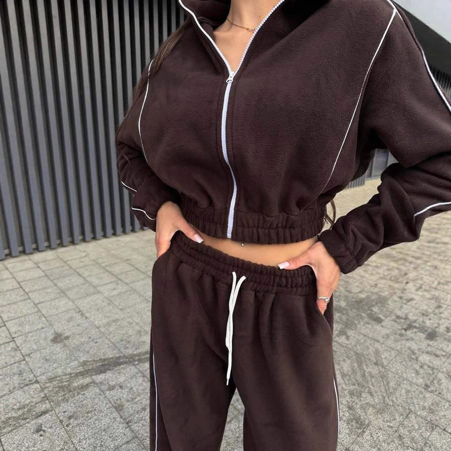 Damen Gekürztes Zip-Fleece-Set mit tailliertem Kordelbund und weitem Hosenbein EB