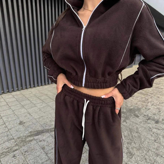 Damen Gekürztes Zip-Fleece-Set mit tailliertem Kordelbund und weitem Hosenbein EB