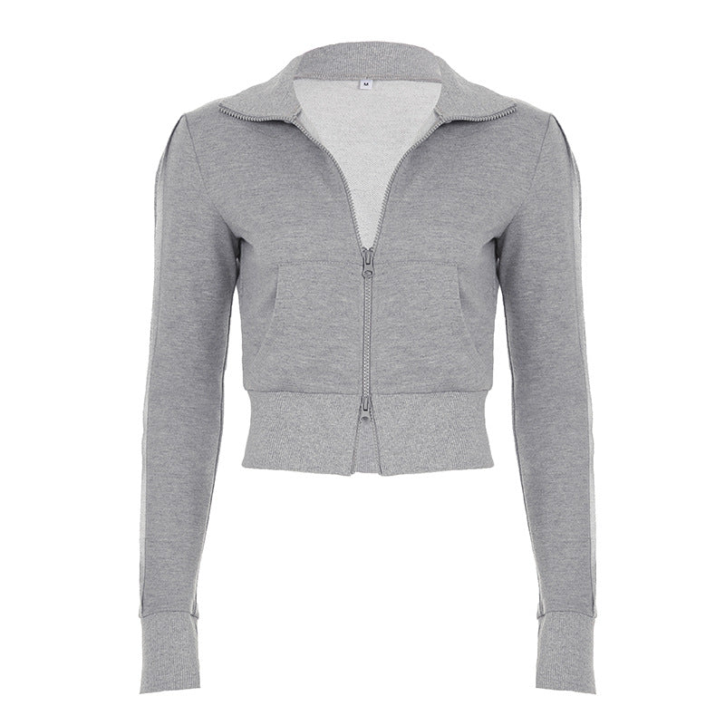 Damen nan taillierte Cropped-Kapuzenjacke mit durchgehendem Reißverschluss, elastischem Abschlussbund und dekorativem College-Print EB