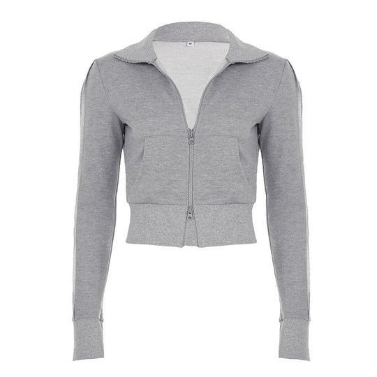 Damen nan taillierte Cropped-Kapuzenjacke mit durchgehendem Reißverschluss, elastischem Abschlussbund und dekorativem College-Print EB