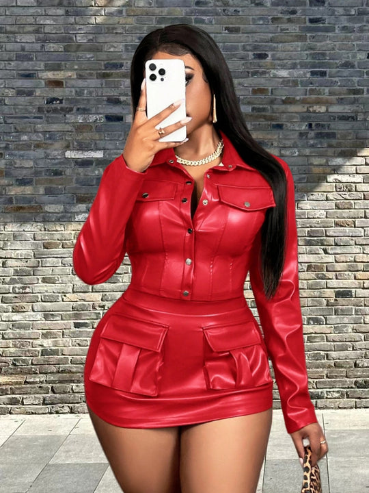 Damen Kunstleder Minikleid mit praktischen Klappentaschen EB