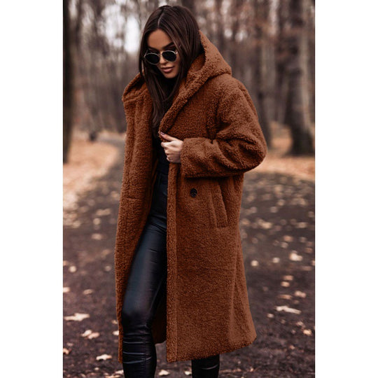 Damen kuscheliger Fleece-Mantel mit Kapuze und praktischen Taschen EB