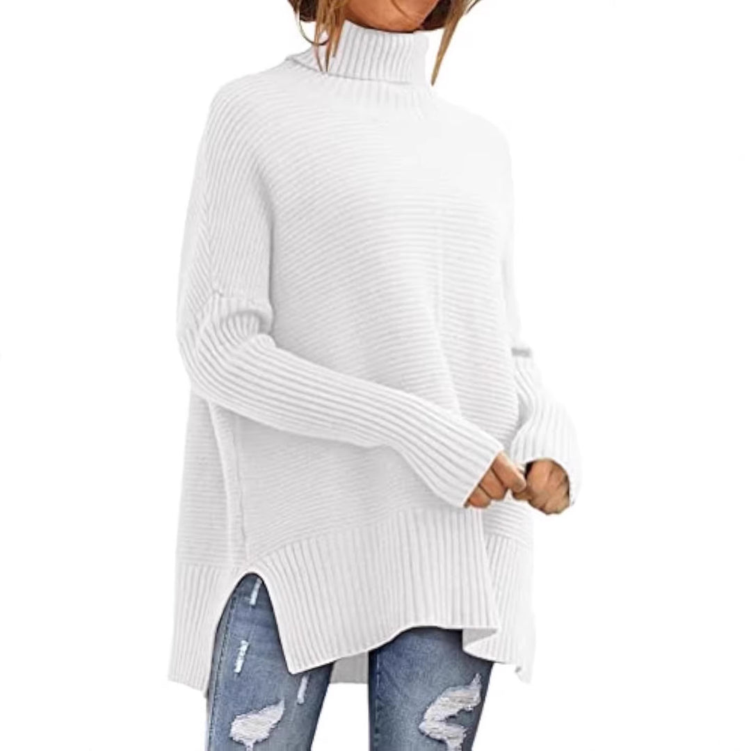 Damen Oversize-Rippenstrick Rollkragenpullover mit Seitenschlitzen und verlängertem Saum EB