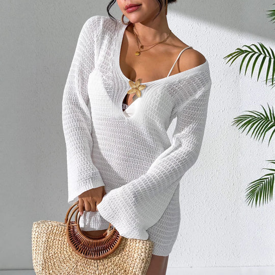 Damen gehäkeltes Strandkleid mit elegantem V-Ausschnitt und langen Ärmeln EB