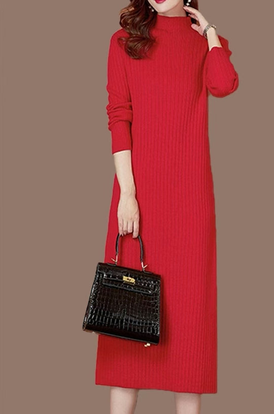 Damen Strickkleid mit feiner Rippstruktur und hohem Kragen EB
