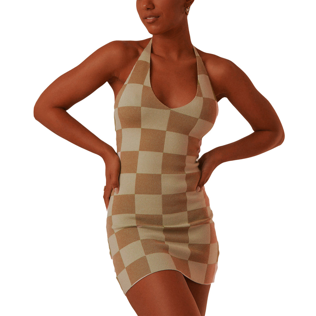 Damen enganliegendes Karomuster-Kleid mit tiefem V-Ausschnitt EB