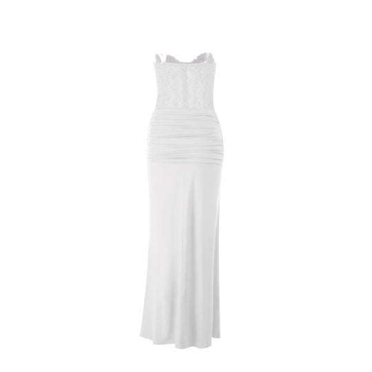 Damen schickes Maxikleid mit elegantem Bustier-Oberteil und gerafftem Rock EB