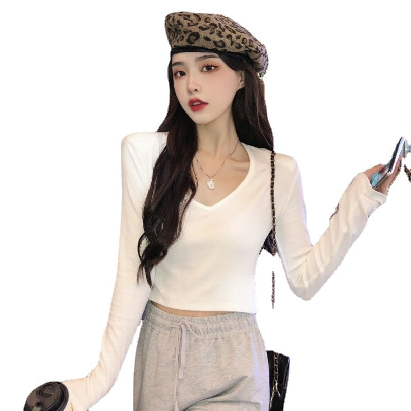 Damen Cropped Langarmshirt mit modischem V-Ausschnitt und bequemen Materialien EB