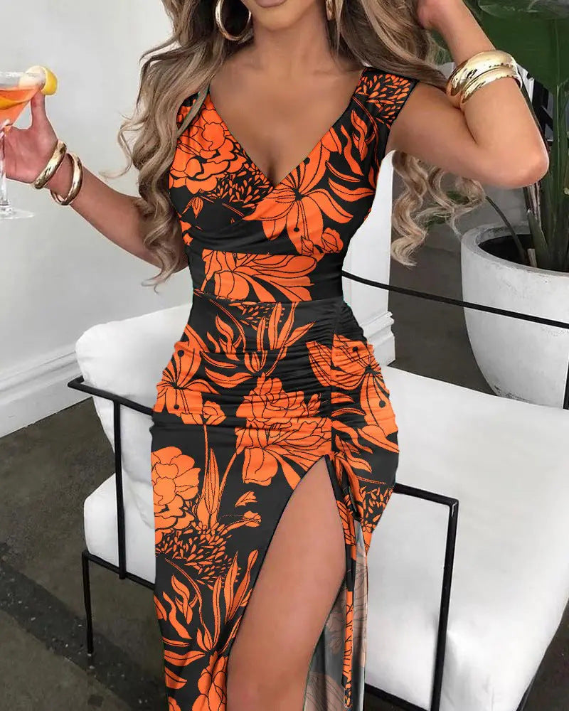 Damen V-Ausschnitt Maxikleid mit floralen Details und seitlichem Schlitz EB