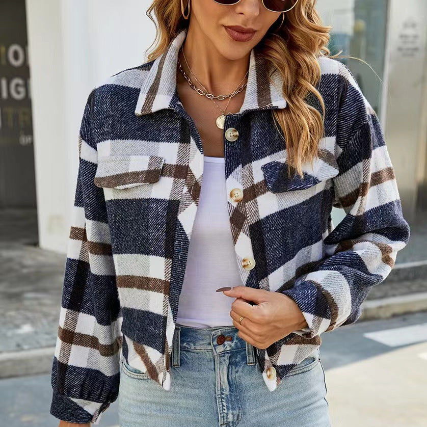 Damen Karierte Utility-Jacke mit voluminösen Ärmeln und Knopfleiste EB